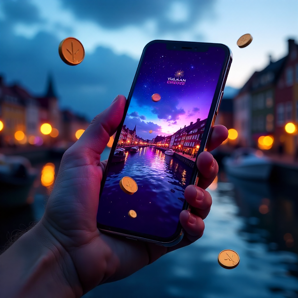 A hand holding a high-end smartphone with Vulkan Vegas colorful interface, background featuring the iconic Opera House in Oslo or the colorful wooden houses of Bryggen in Bergen. Neon blue and violet brand colors, 3D flying golden coins and vibrant casino